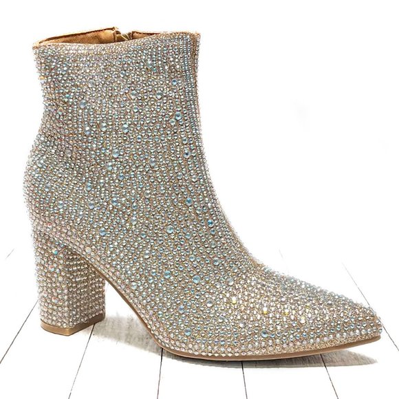 New Women Champagne Gold Rhinestone Glitter Pointy Ankle Boots Booties - Picture 2 of 9